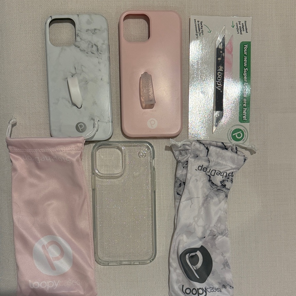 3 iPhone 12/12pro phone cases (Loopy Marble & pink), extra loopy @ 2 bags